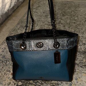 Coach Edie tote in Black and Teal with python trim